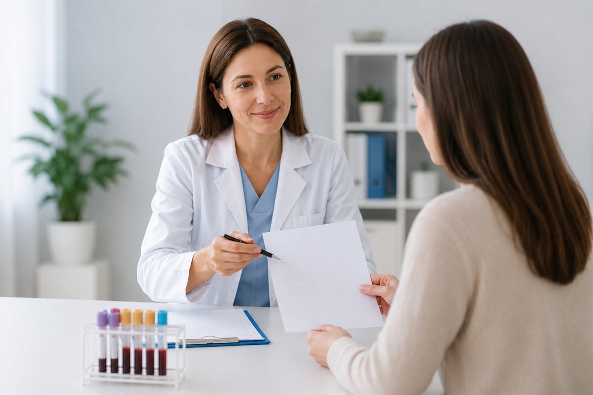 Doctora revisando la prescripción de una analítica con una paciente