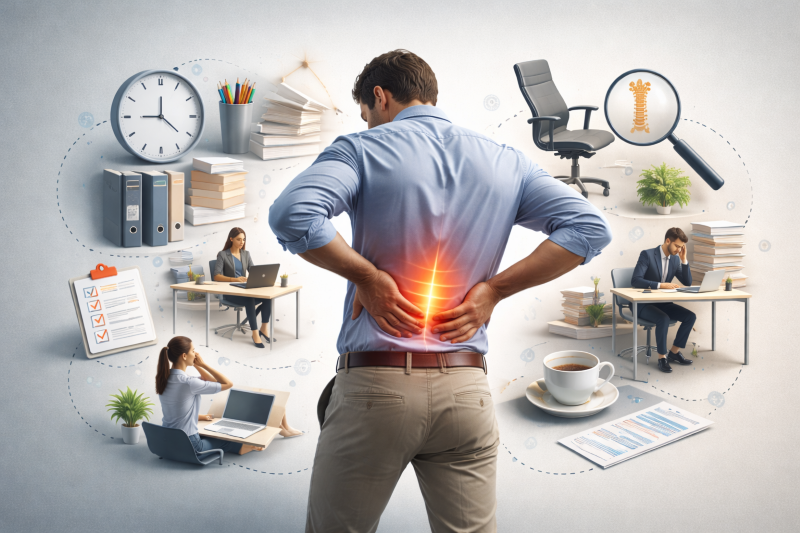 hombre en oficina con dolor de espalda